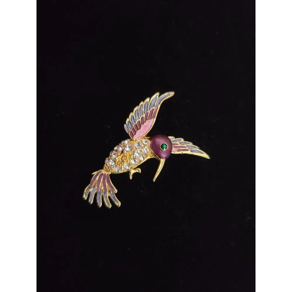 Vintage Hummingbird Brooch With Rhinestones & Enamel‎